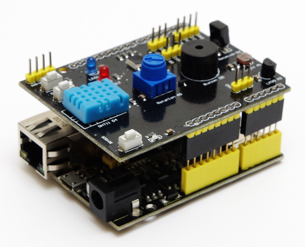 Keyestudio w5500 development board with a 9 in 1 sensor shield used for Arduino intermediate web projects