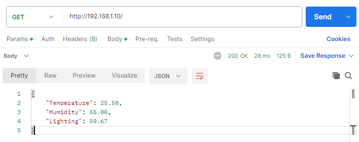 Using Postman to submit a GET request to retrieve sensor readings as JSON