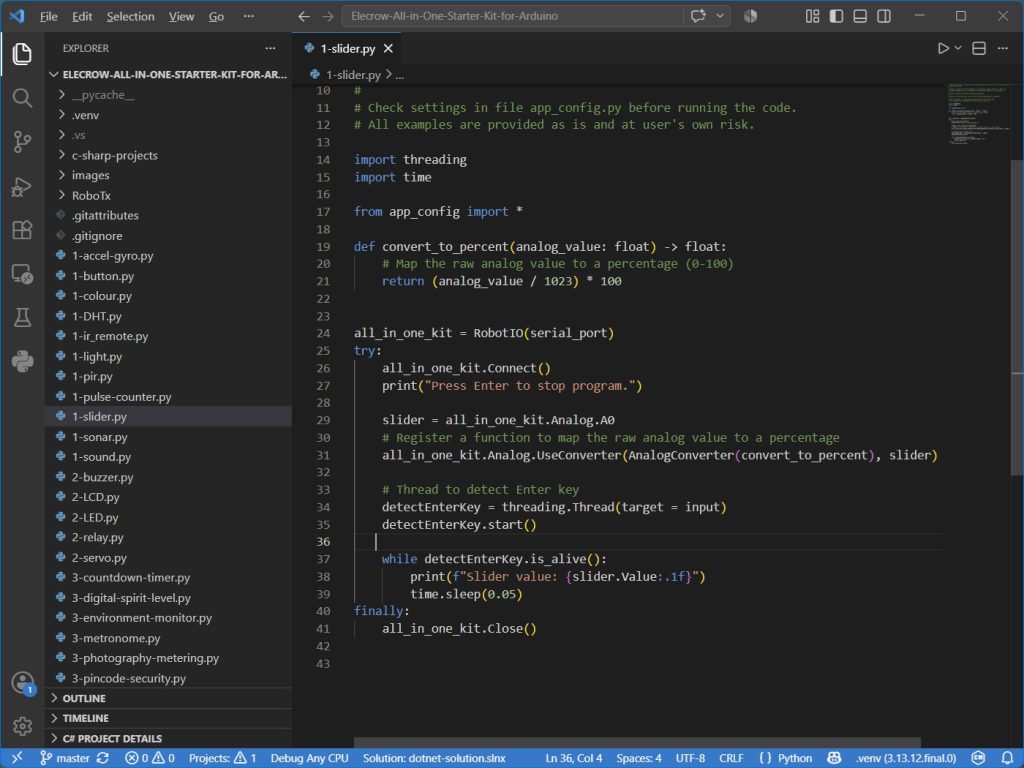 Screenshot of Python code for processing input values from analog sensors using Robo-Tx API and Elecrow All-in-One Starter kit for Arduino.