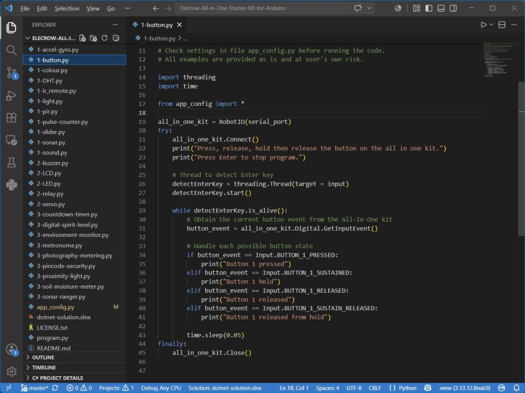 Screenshot of Python code for processing digital input events using Robo-Tx API and Elecrow All-in-One Starter kit for Arduino.