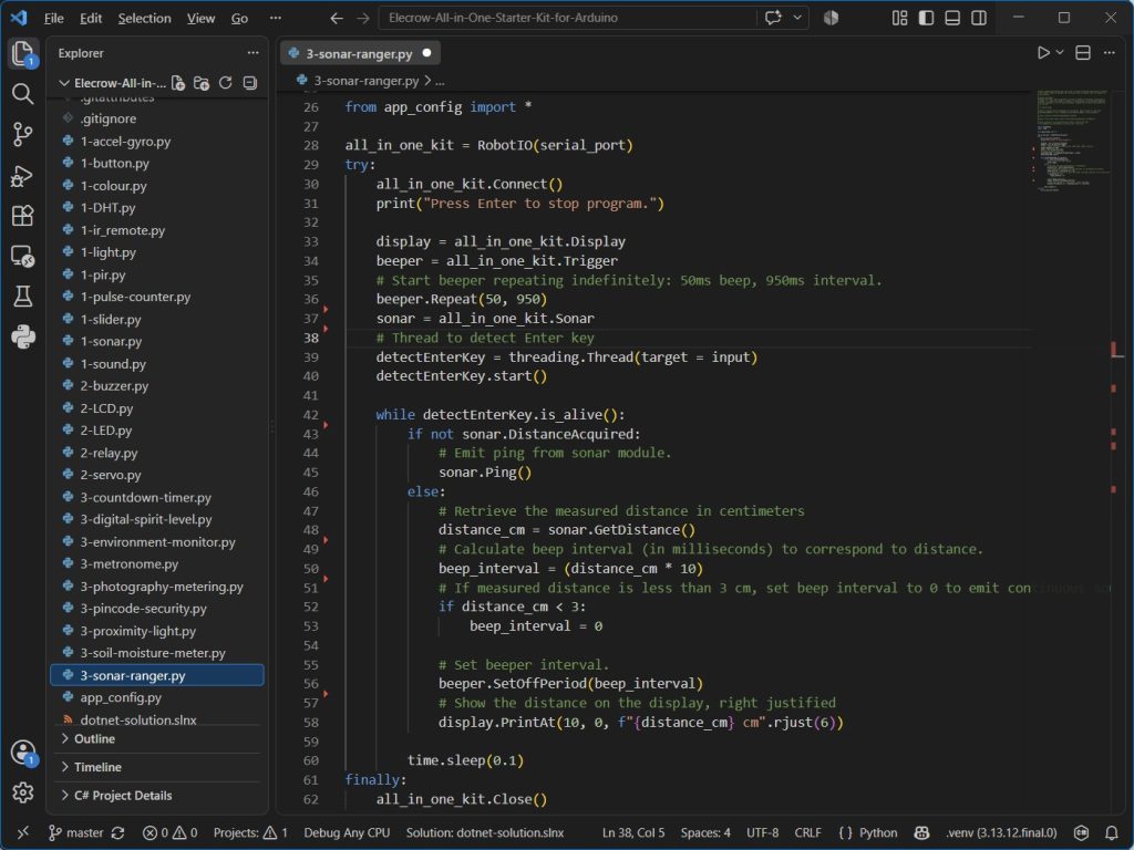Screenshot of Python code for measuring distance using sonar module of the Elecrow All-in-One Starter kit for Arduino